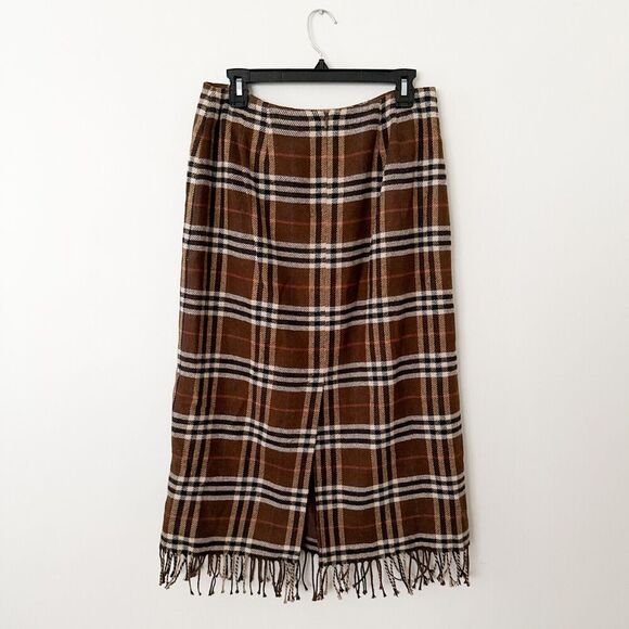 Vintage Plaid Wool Midi Skirt Fringe Size 12 P Brown Academia Classic Preppy - Picture 5 of 8